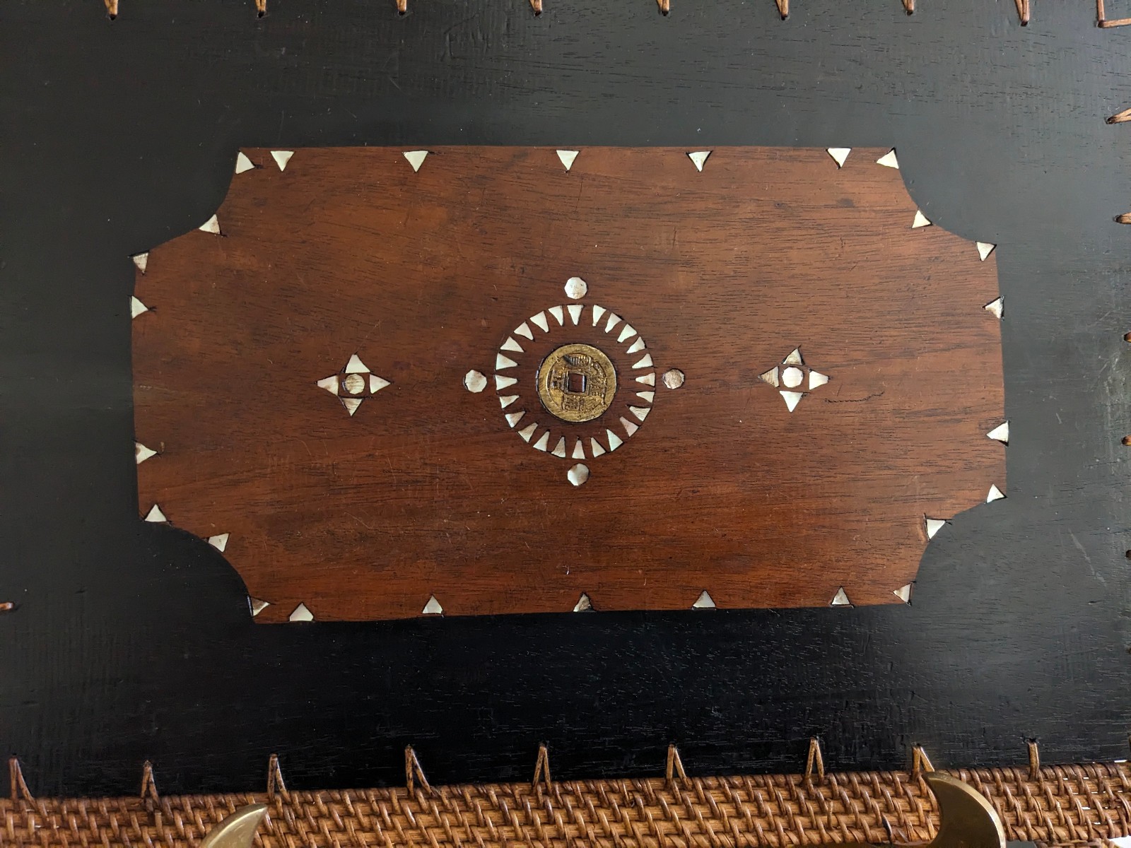 Vintage Mid Century Rattan Wood Placemats Shell Inlay Chinese Coin Boho Set of 8