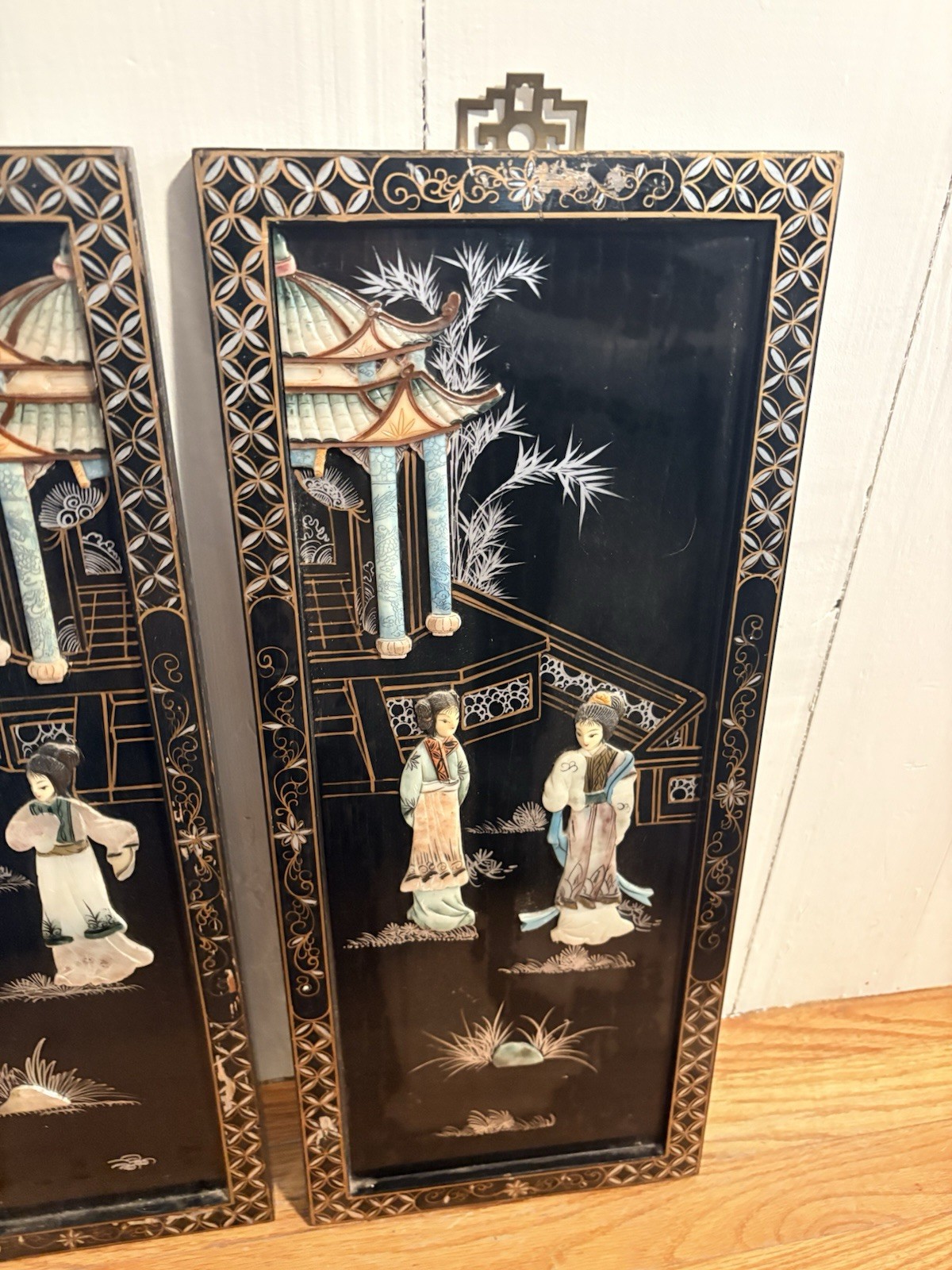 Pair Vintage Chinese Black Lacquer Applied Hardstone Court Figures, MOP Inlay