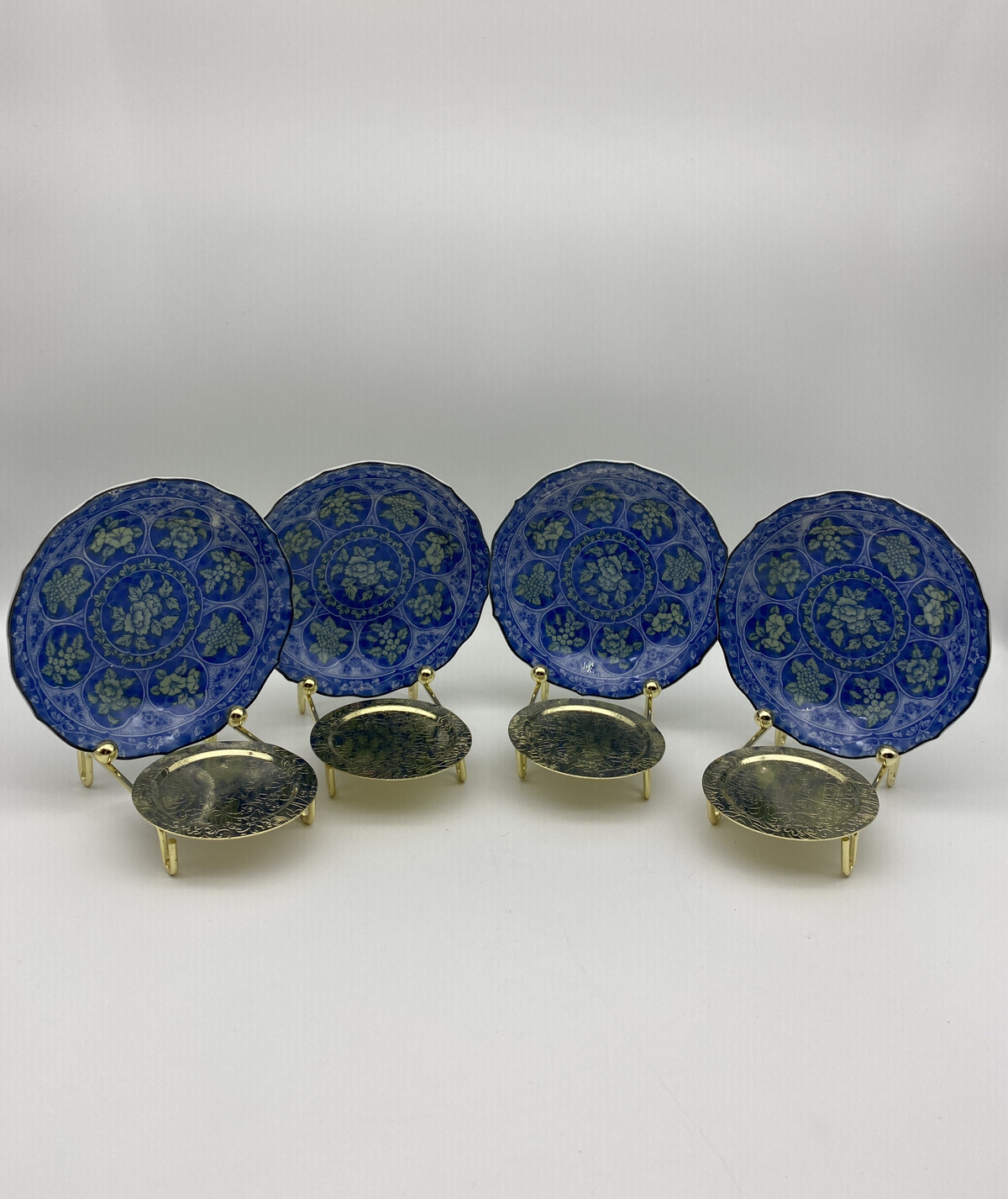 Lot 4 Chinese Beautiful Blue And Green Miniature Plates 4.5”
