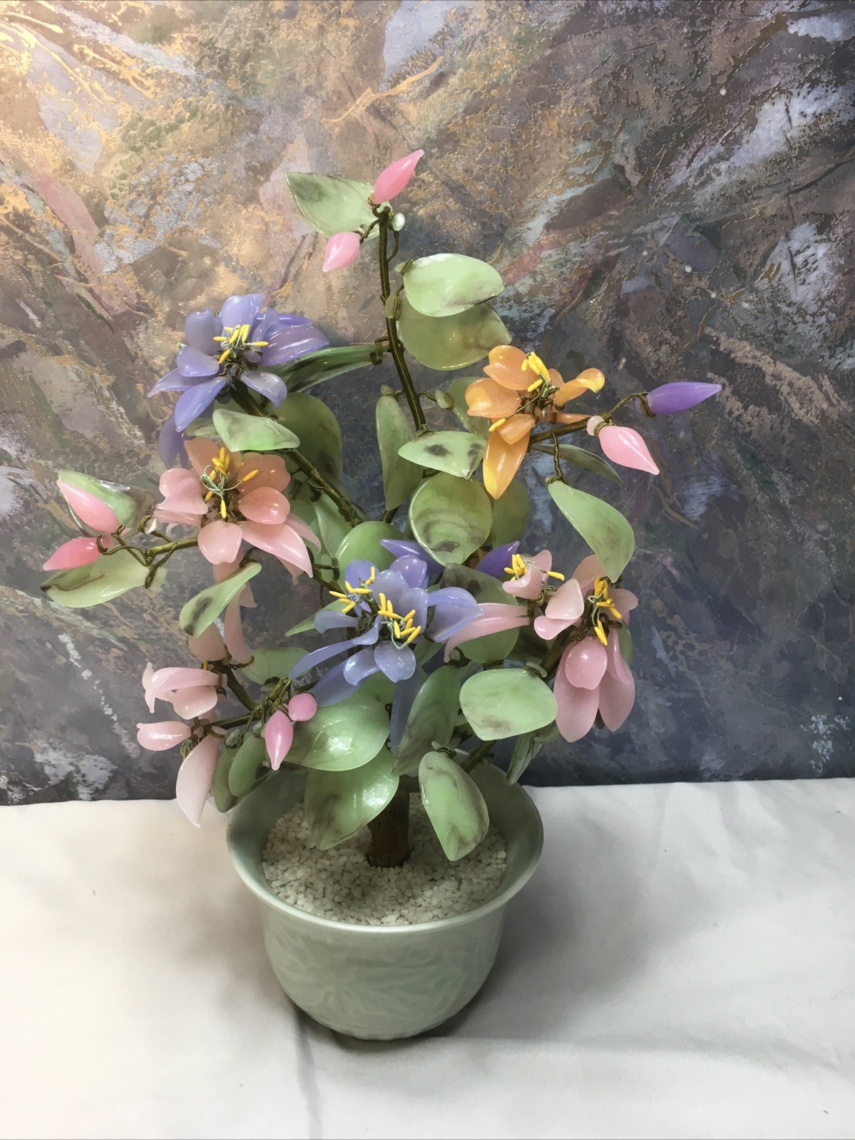 Oriental Bonsai Jade Color Art Glass Flowers Tree Celadon Porcelain Pot 12″-READ