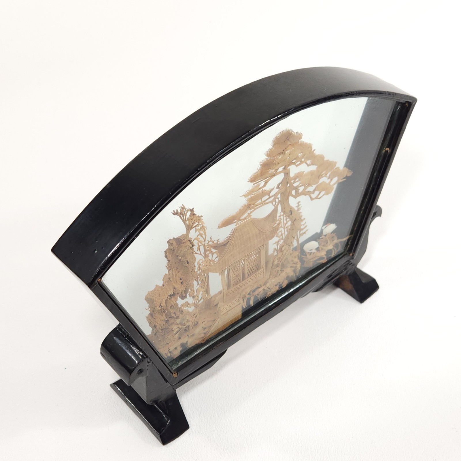 Vintage Chinese Diorama Cork Carving Glass Case Pagoda Trees Cranes