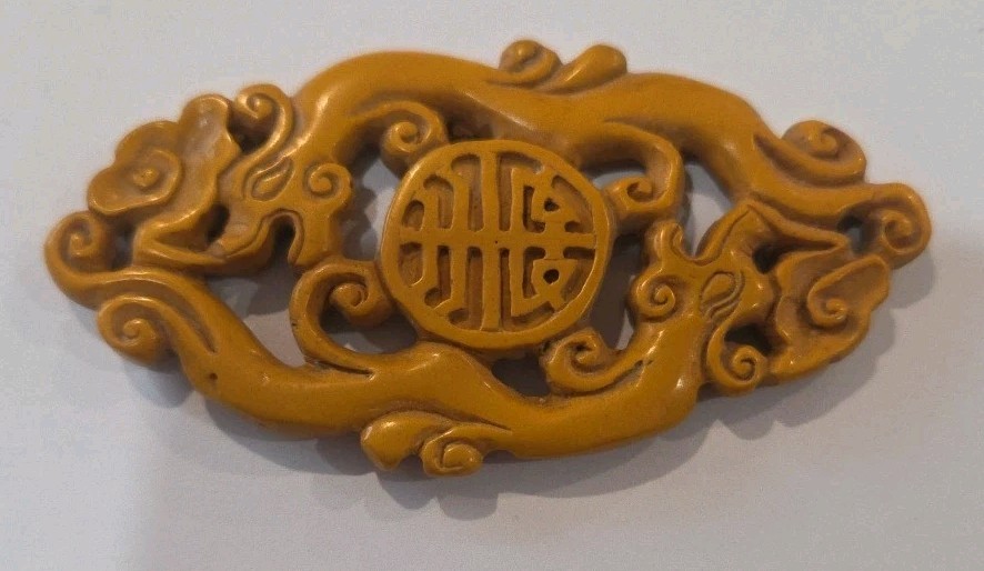 Vintage CHINESE JADE CARVED Dragons PLAQUE PENDANT MYSTIC ORNAMENT I#186a