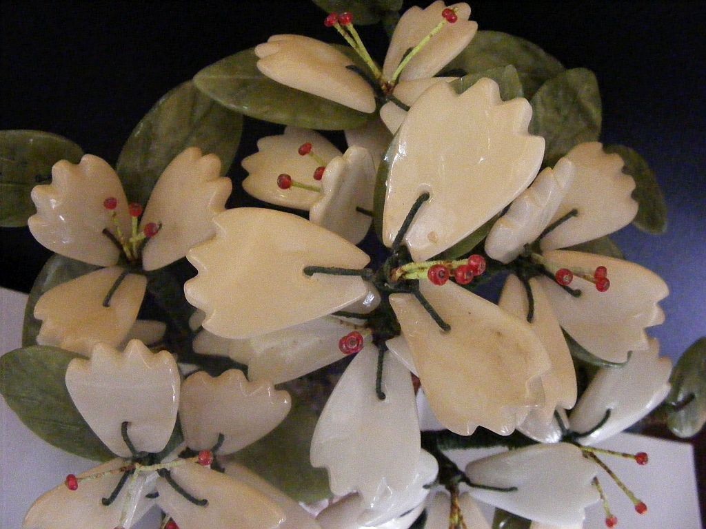 Chinese Hardstone Flower Tree Vintage Carved Jade & Stone 7 1/2″