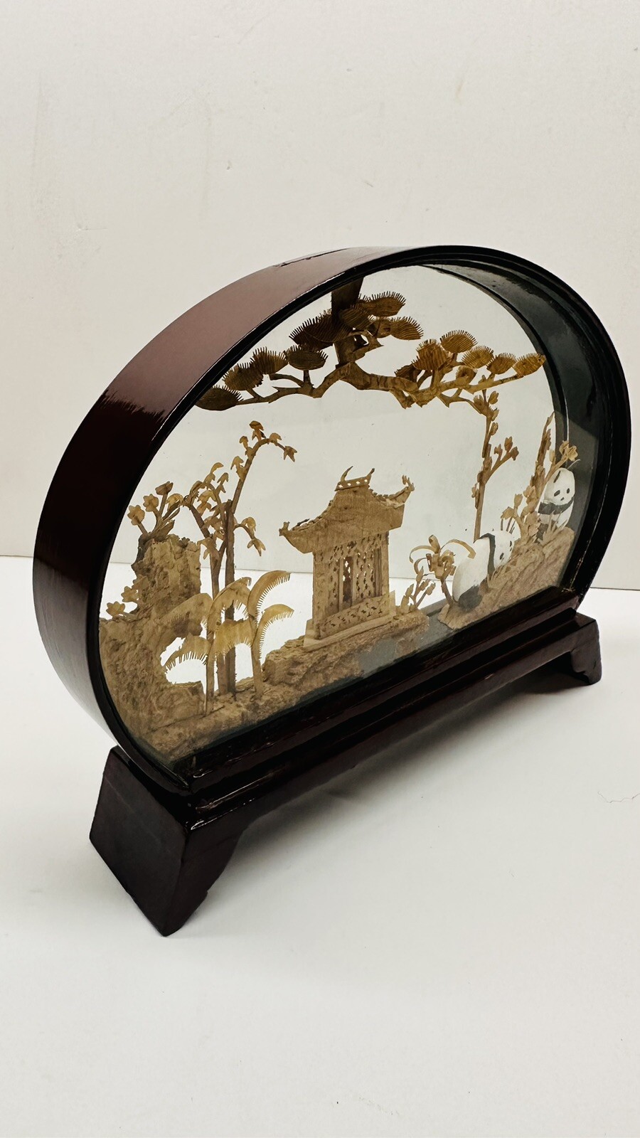 Vintage Chinees Hand Carved Cork Diorama Lacquer Cherry Wood With Pandas 8″ x 6″