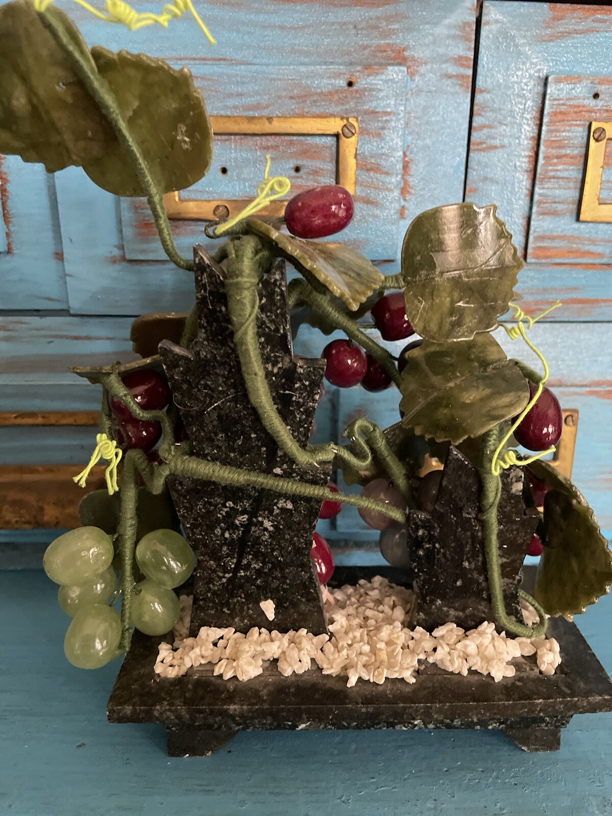 VTG Grape Bonsai Tree Vine Jade Marble Stone Sculpture China Oriental Asia Heavy