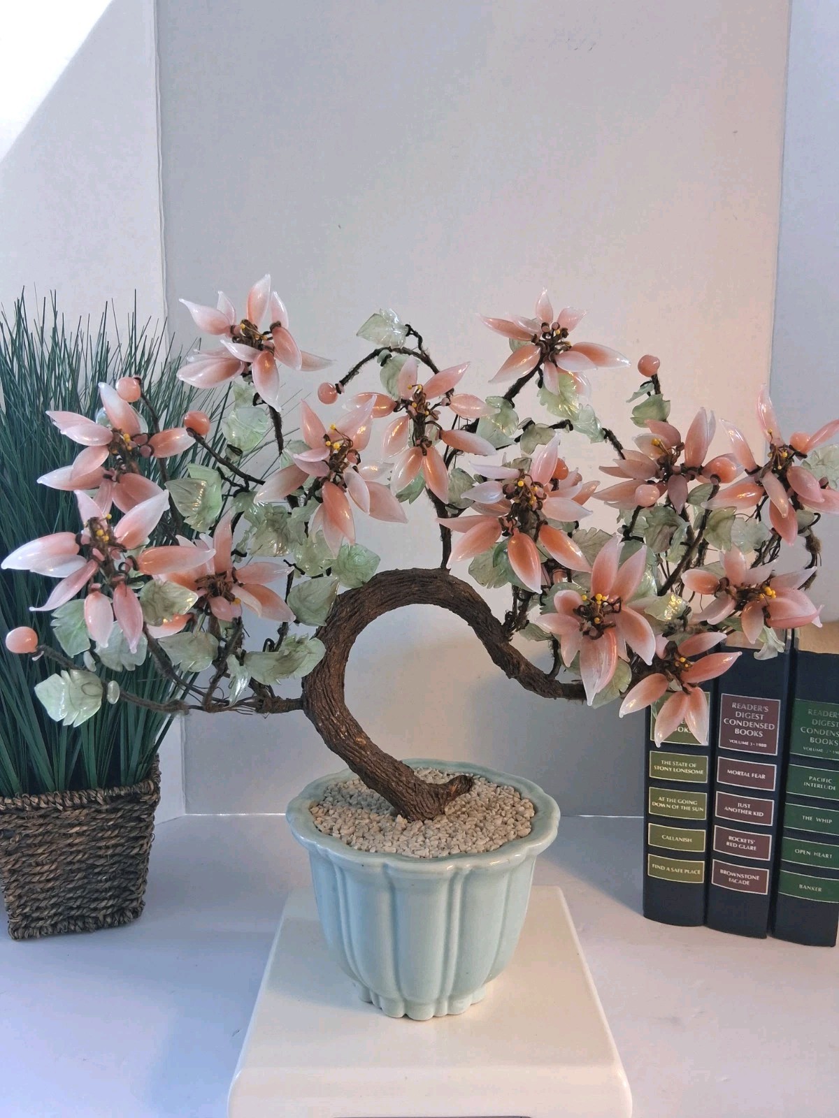 Vtg! XL Asian Bonsai Jade Glass & Coral Color Quartz Flowering Tree;14.5″x 13.0″