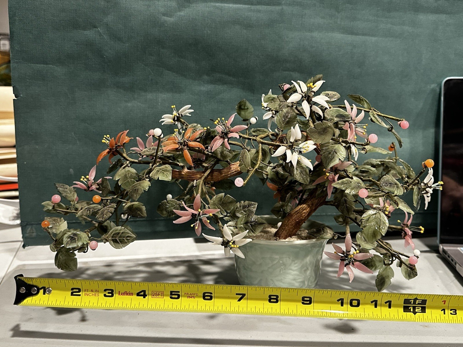 Vintage Chinese Hand Carved Jade Stone Flower Blossom Bonsai Tree Porcelain Pot
