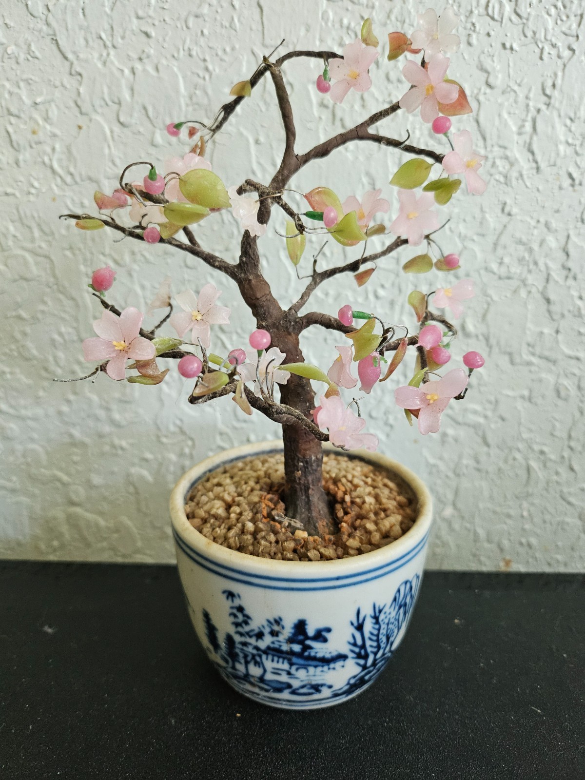 Vintage Jade Glass Cherry Blossom Bonsai Tree Pink Flowers 8” Japan
