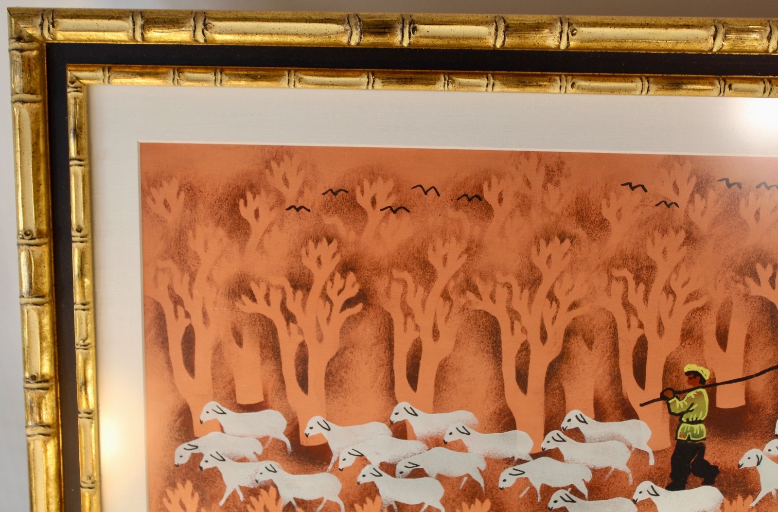 Vintage Chinese Asian Mid Century Modern Print Signed Sheep Herder Gold Frame