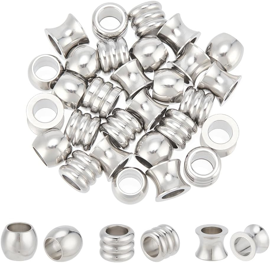 30Pcs 3 Styles Column Beads Stainless Steel Parachute Cord Bead 6Mm Large Hol…