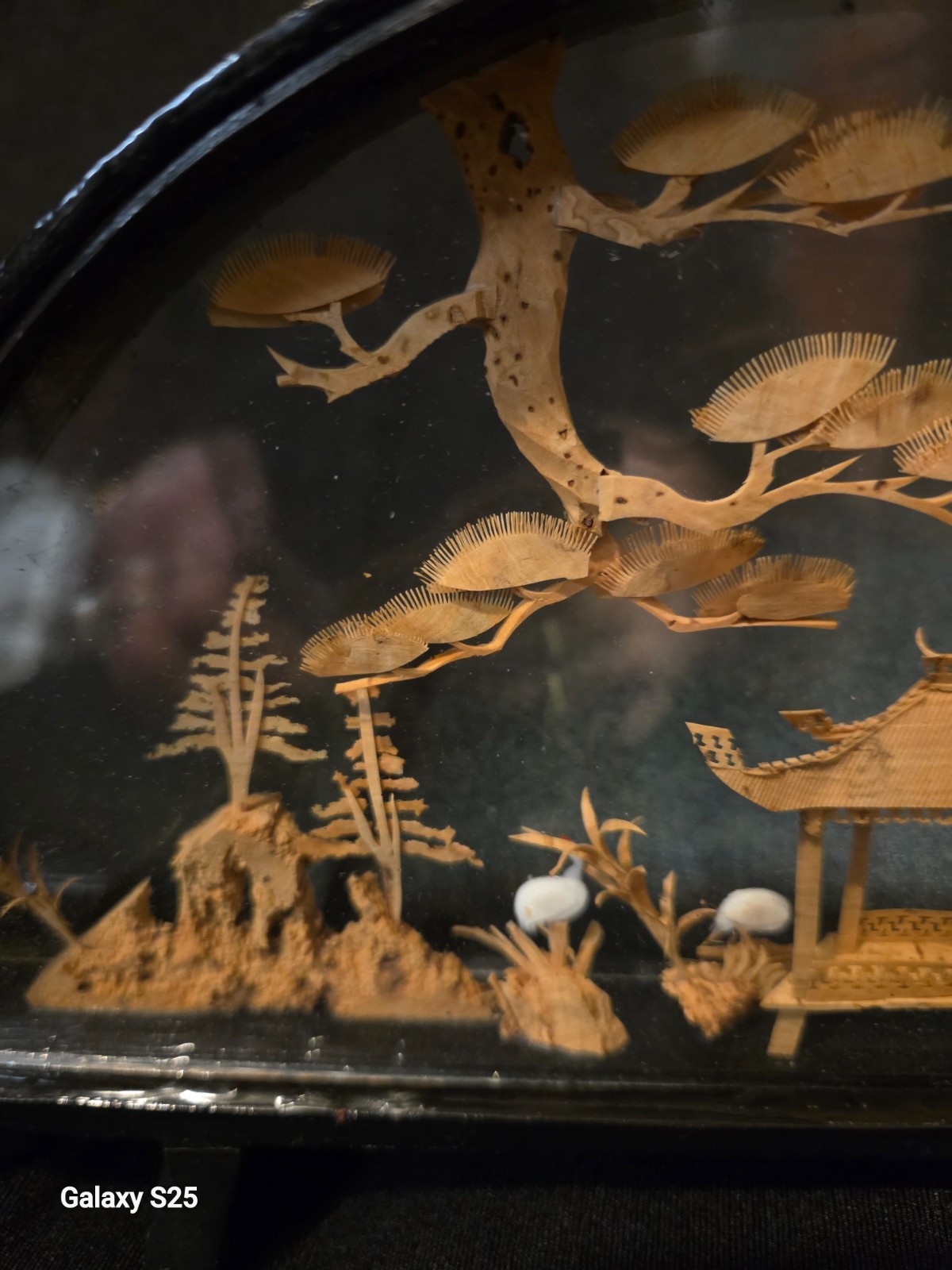Vintage Chinese Cork Art Diorama Cranes Pagoda Trees Hand Carved in Glass Case