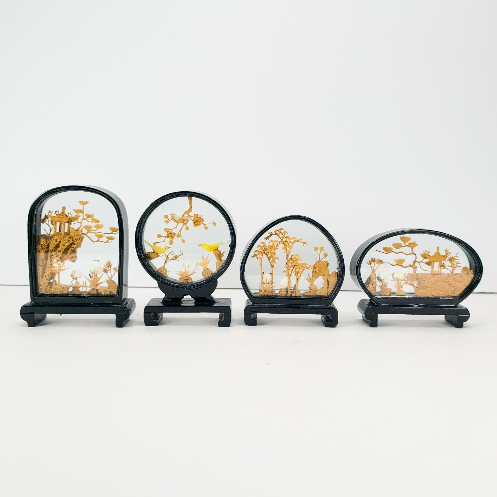 4 Vintage Chinese Cork Carving Dioramas Glass Case Pandas Birds Pagoda Art