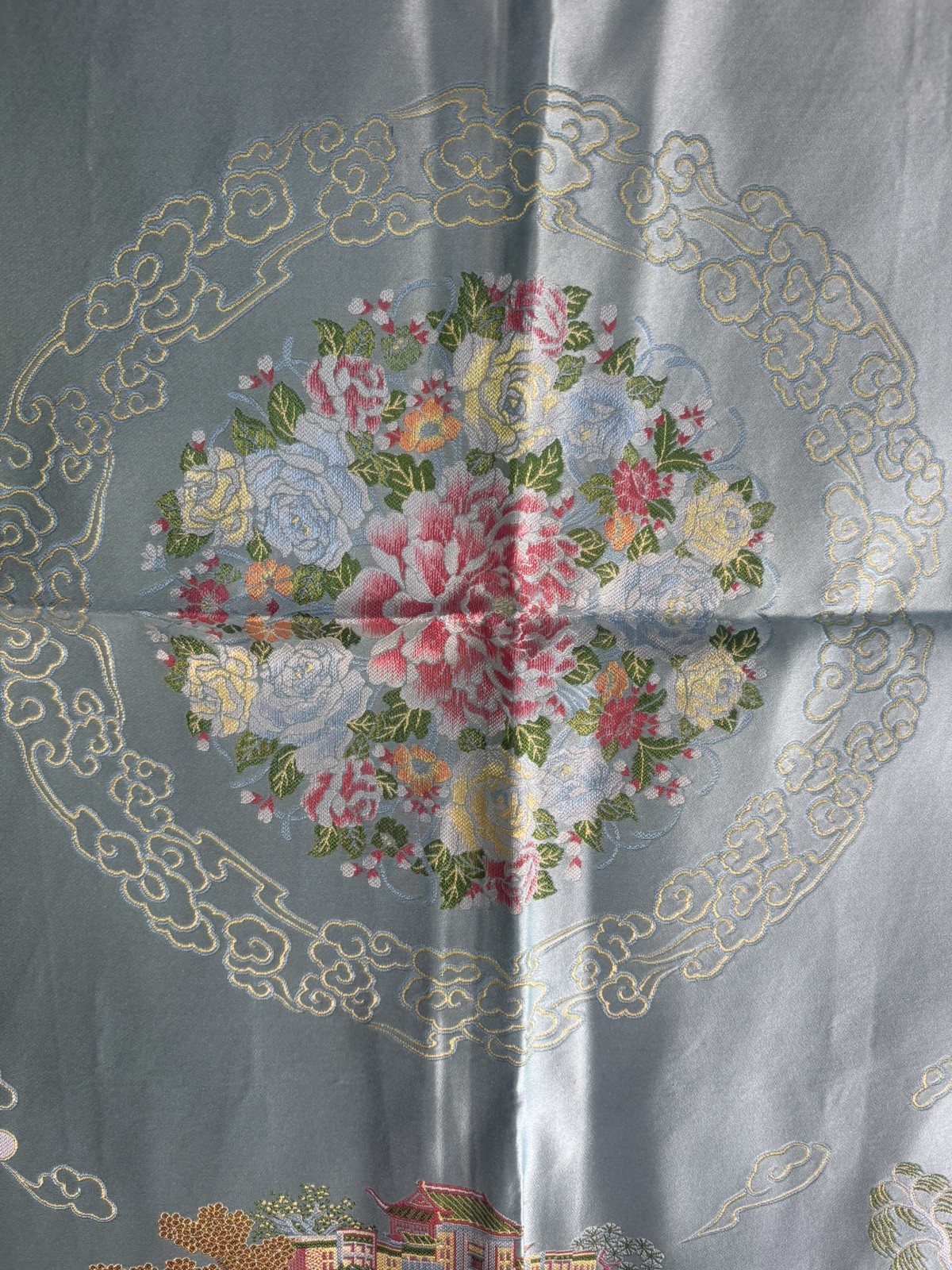 Vintage Silk Brocaded Flowers China Tapestry Table Cloth Box Bright Blue Fringe