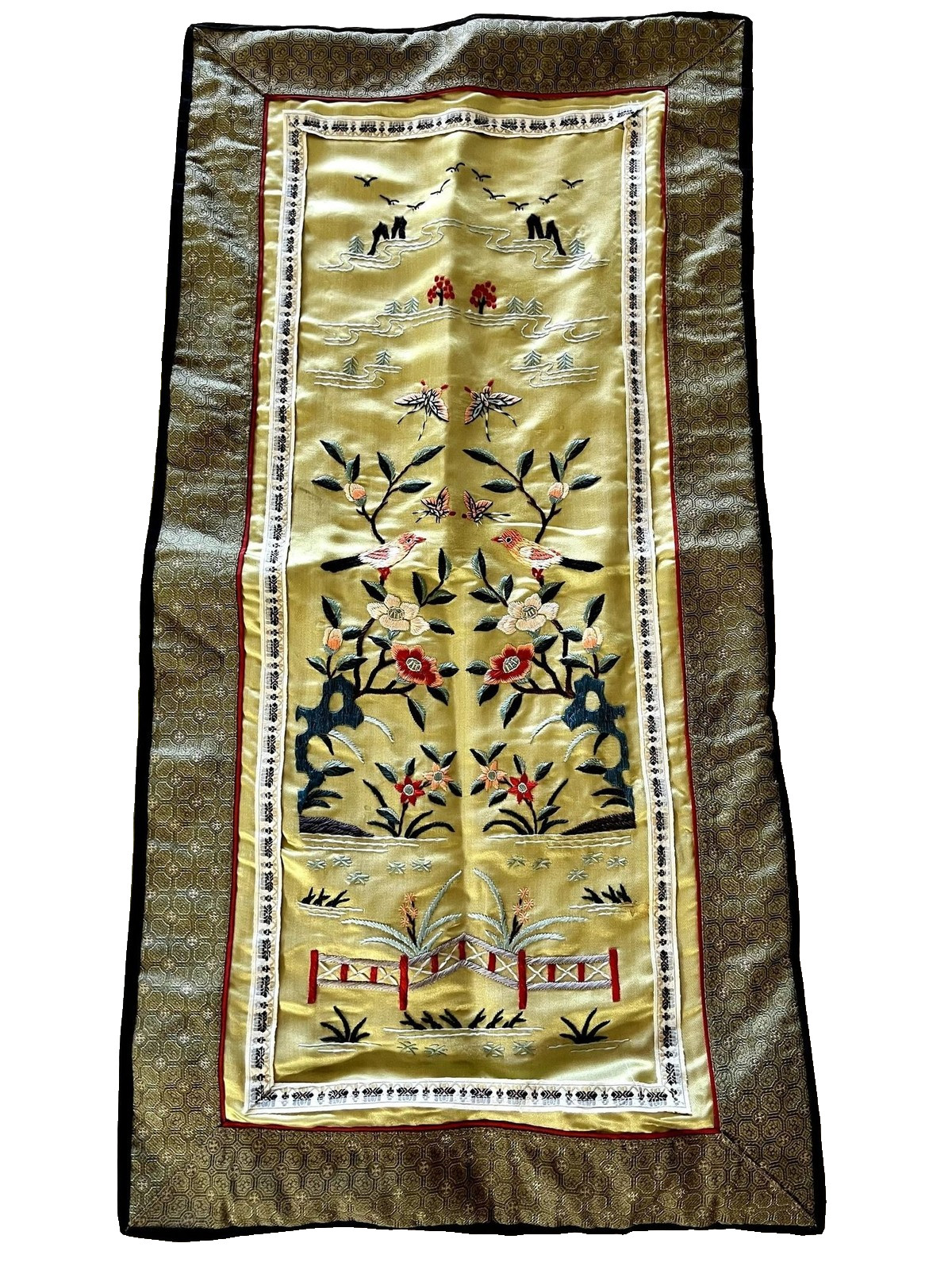 19th Century Chinese Chinoiserie Silk Hand Embroidered Panel 36 x 13