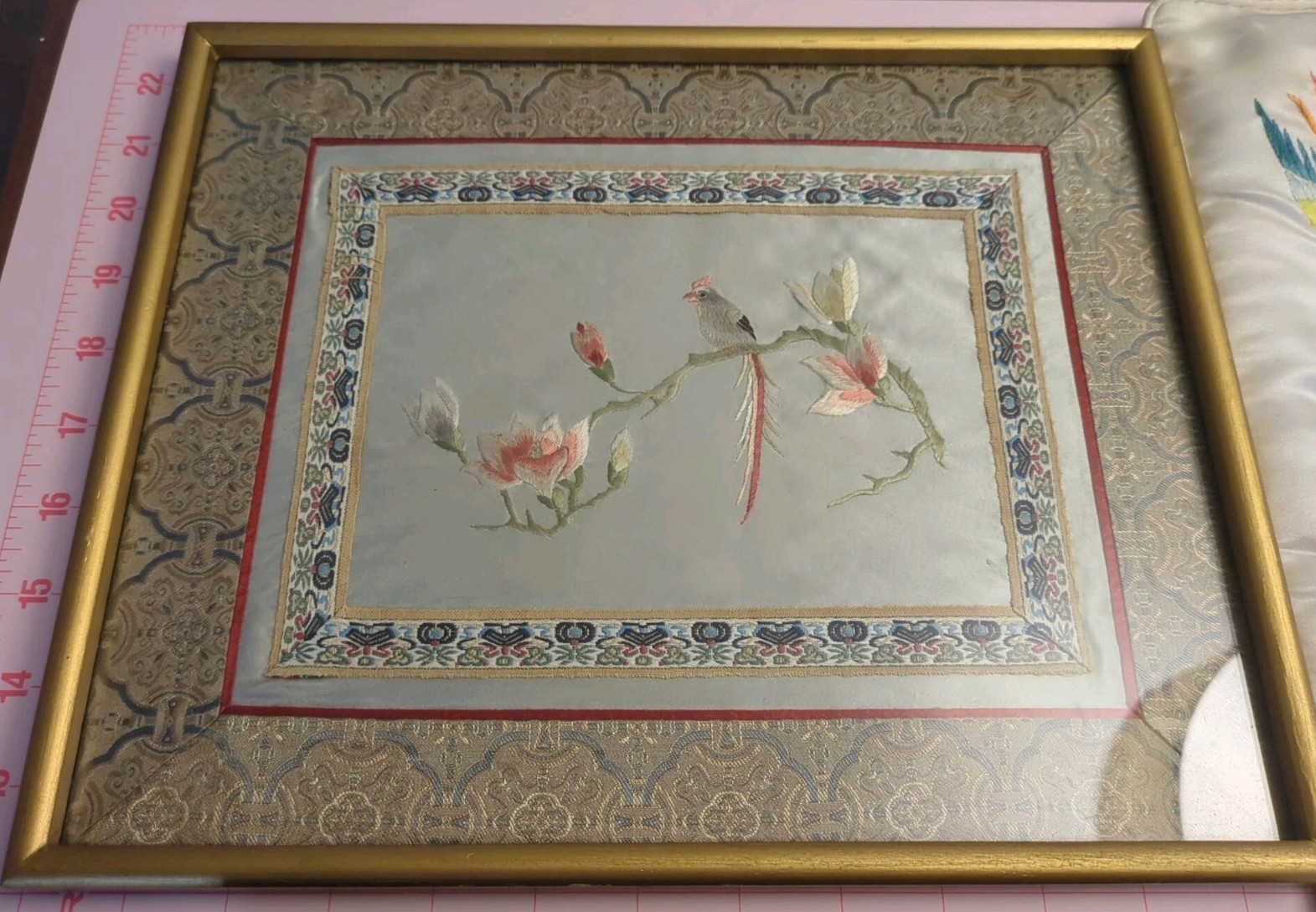 Antique Tray, Silk & Gold Thread Dragon, Framed Silk Panel