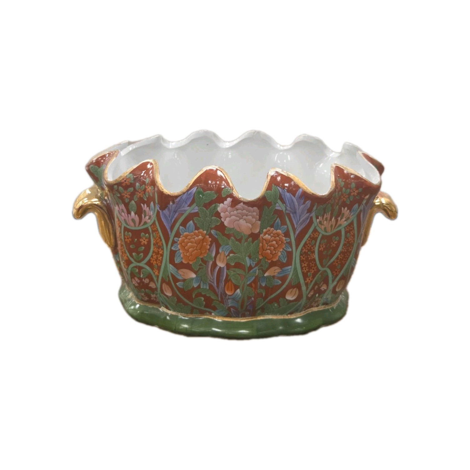 Chinese Foot Bath Satsuma Style Floral Red Vtg Porcelain Jardiniere Gold
