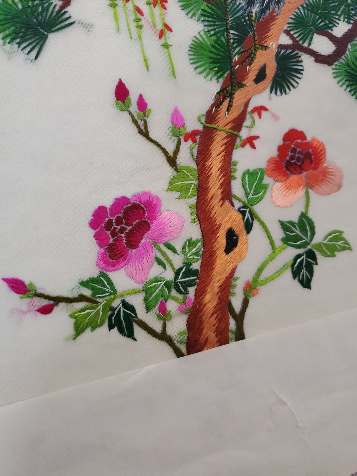 Asian Oriental Silk Art Embroidery ~ CRANE in PINE ~ 12”x 16” ~ Unframed