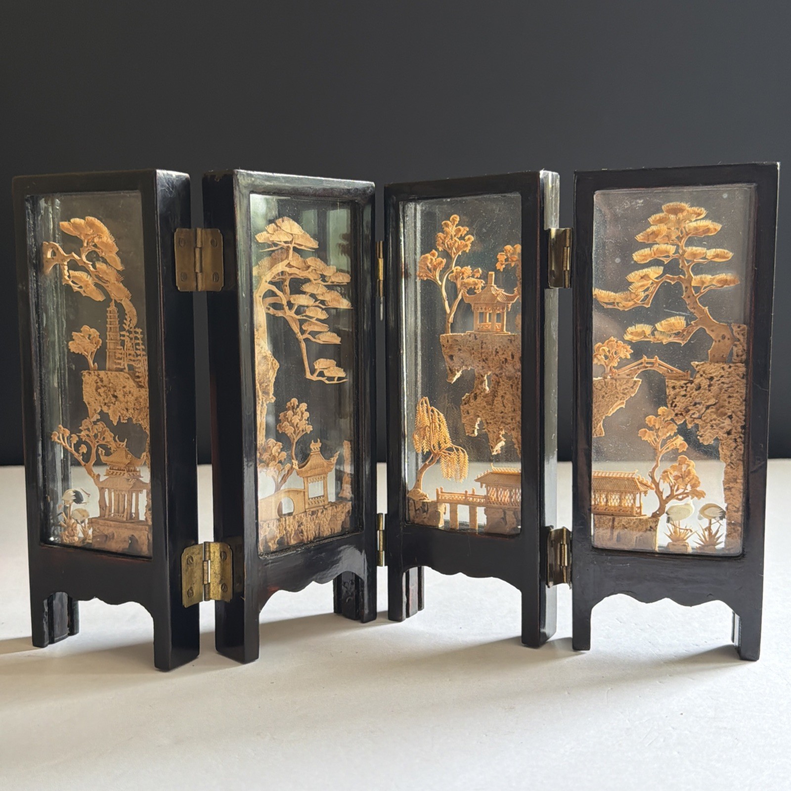 Vtg Chinese Cork Art Screen Folding 4 Panel Glass Pagoda Cranes Black Lacquer