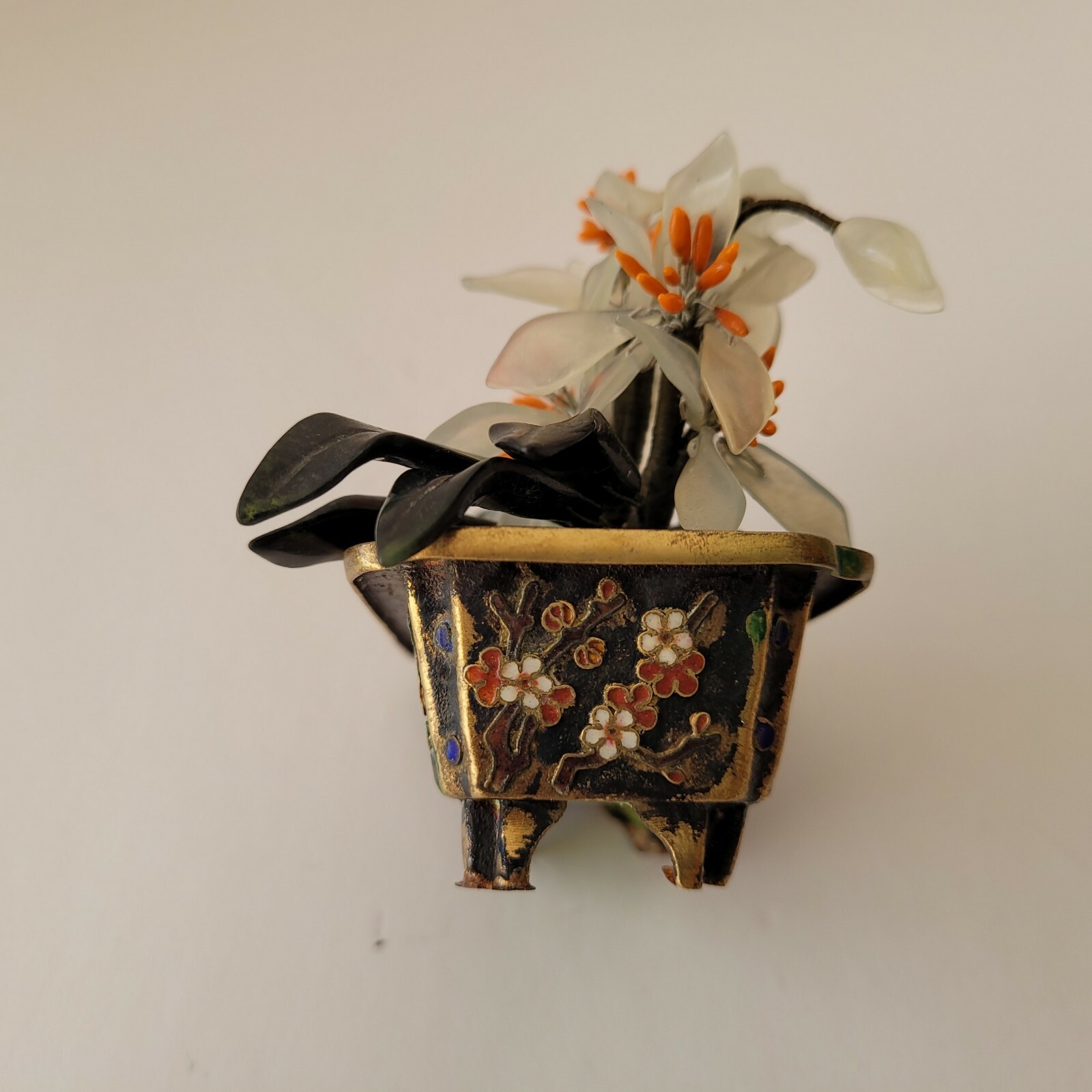 Stone Bonsai in Cloisonne Planter Flower Pot Quartz Jade