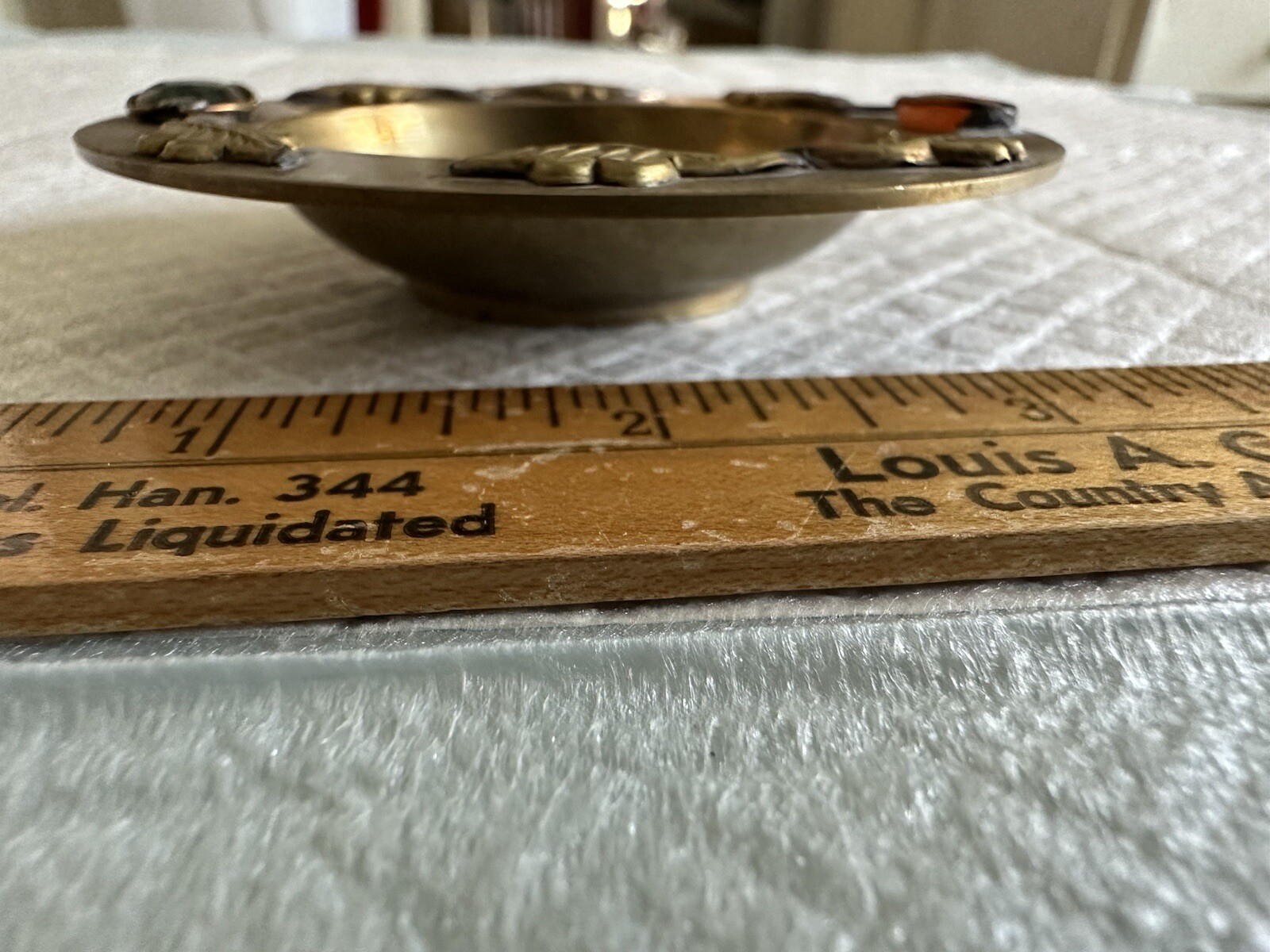 Antique Chinese 3 1/2″ Brass Trinket Dish Ashtray 2 Embedded Jewels Enamel Paint