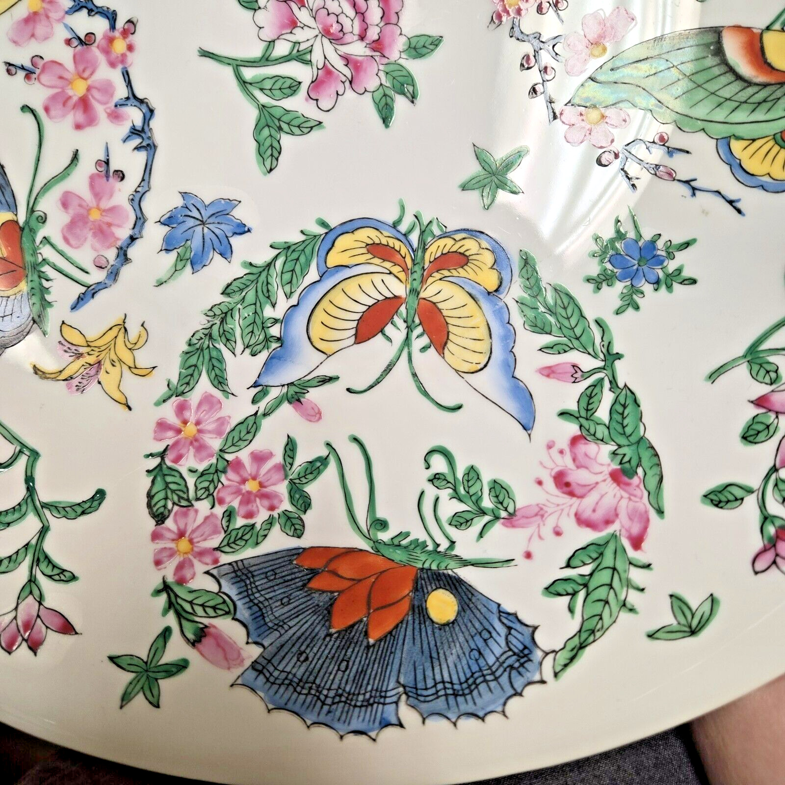 Lg. Chinese Porcelain 14″ Bowl w Brass Stand Hand-Painted Butterflies & Flowers