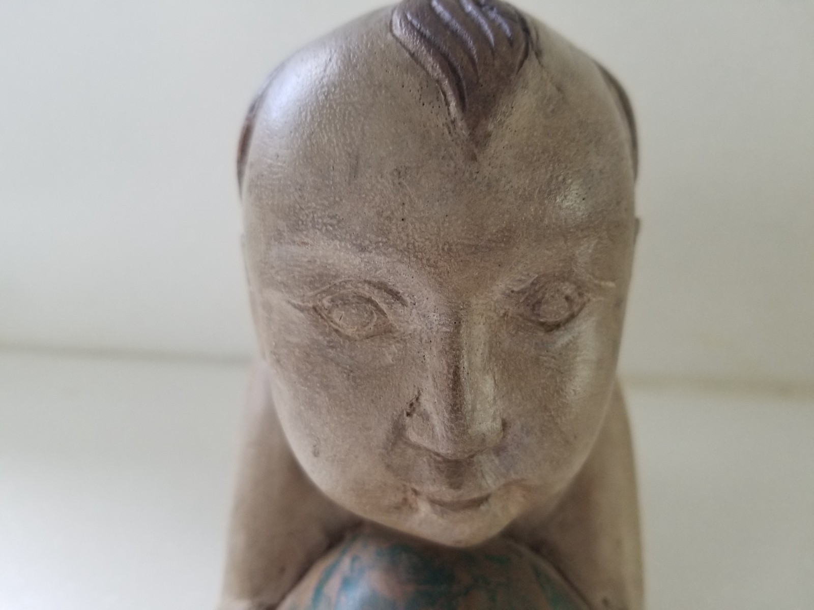 Vintage Chinese Opium Pillow Boy with Ball Solid Wood Headrest Hand Carved 9×7.5
