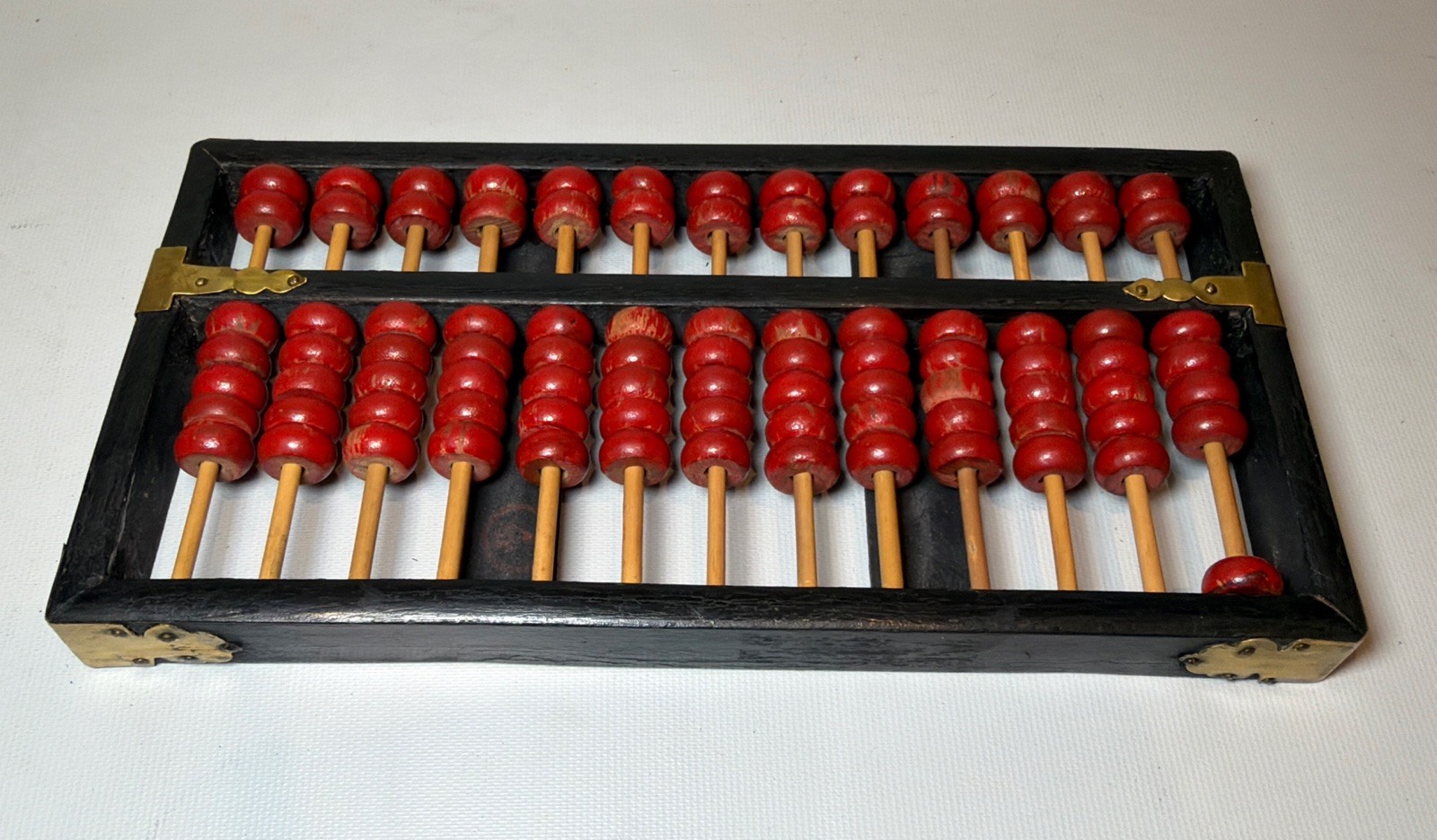 Antique Chinese Abacus Adding Calculator Wood Brass 13 Rows 91 Bead Lotus-Flower
