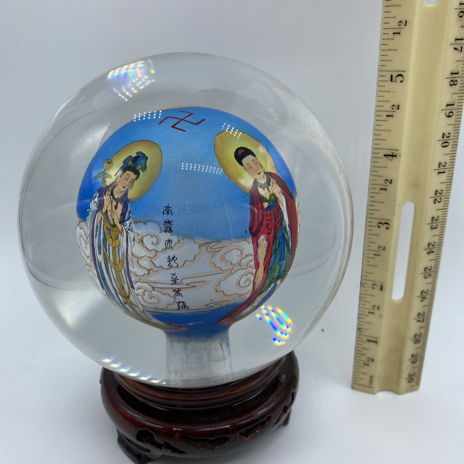 Asian Oriental Reverse Glass Ball Paperweight Shape Globe With Wooden Stand
