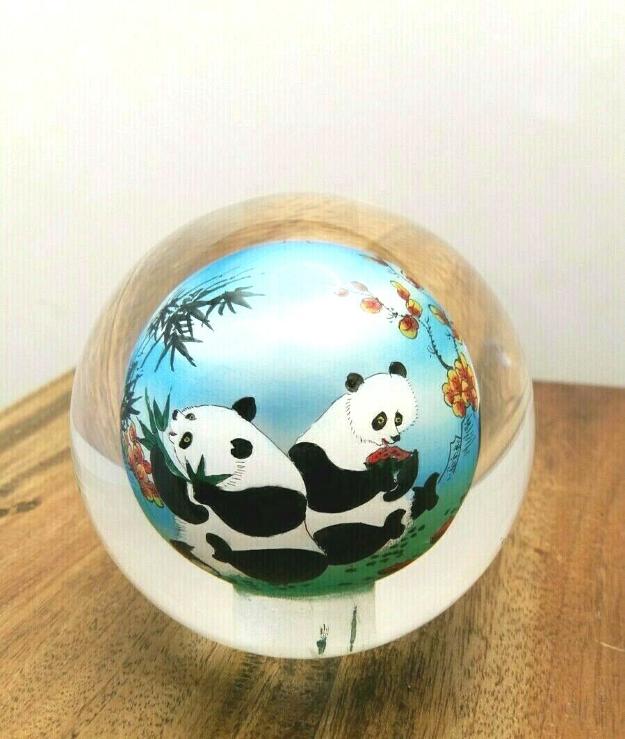 Chinese Glass Ball Sphere Paperweight Reverse Hand Painted Pandas NO Base