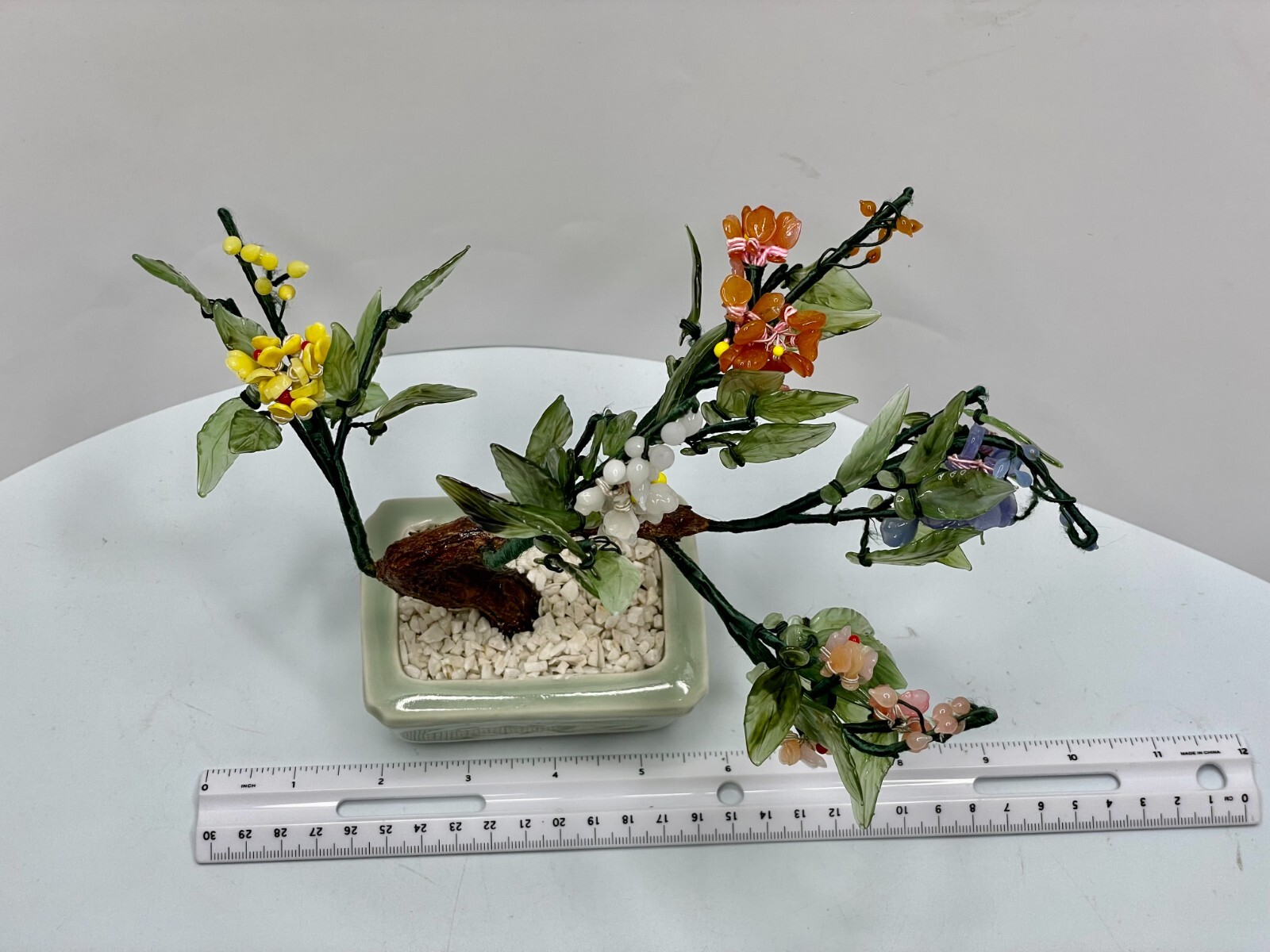 1960’s Hand Carved Chinese Jade Agate Stone Glass Bonsai Multicolor Mineral Tree