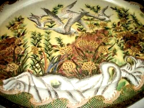 Chinese Hua Rong Tang Zhi Tray Porcelain HP Cranes White Tiger Bronze Rim Handle