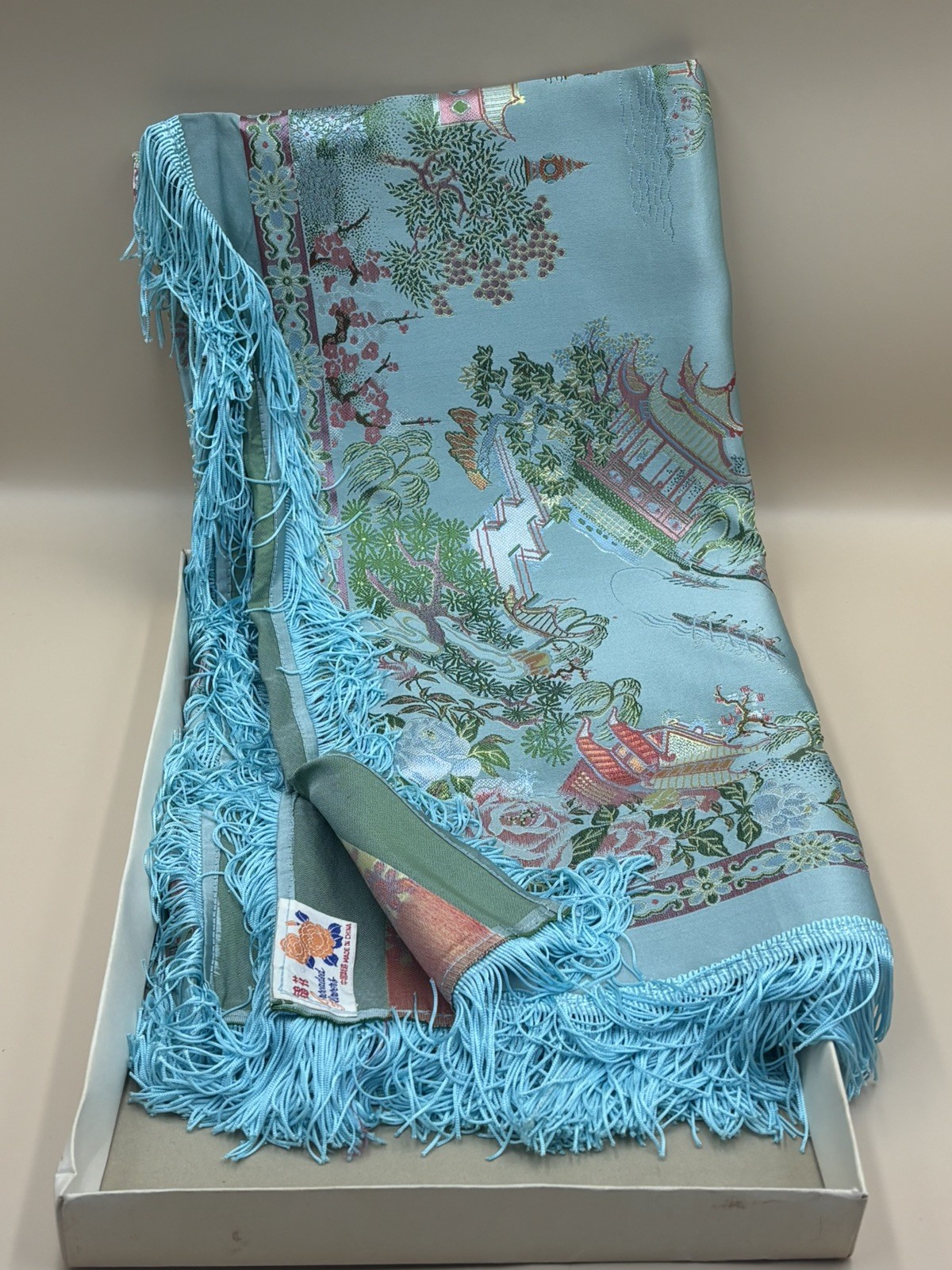 Vintage Silk Brocaded Flowers China Tapestry Table Cloth Box Bright Blue Fringe