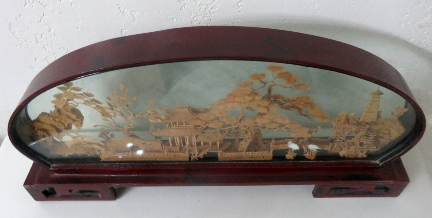 Vintage Chinese Cork Hand Carved Diorama-Pagoda/Trees/Cranes 19” X 11”