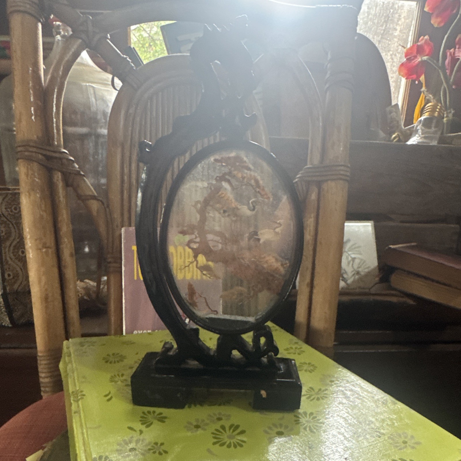 Chinese Glass Table Screen with Carved Cranes Tree Motif Black Stand