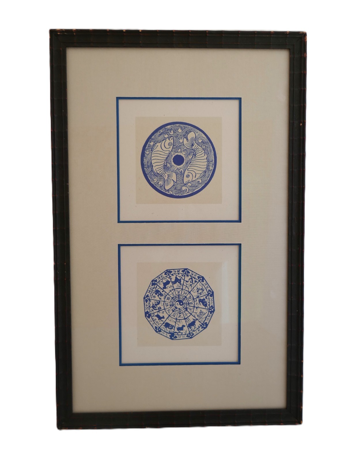 Chinoiserie Art Chinese Etching Blue Two Fish, Zodiac Symbol Shanghai MAC