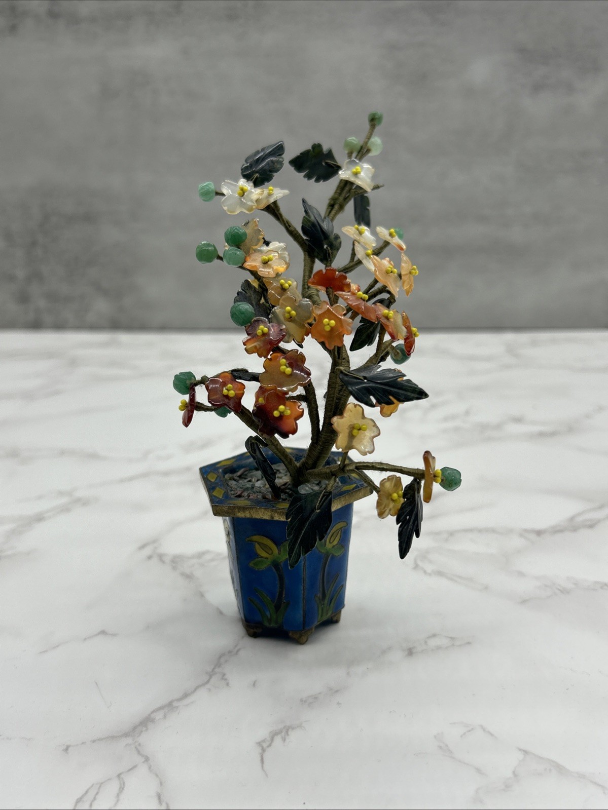 Chinese Carved Jade Agate Carnelian Quartz Flowers Bonsai Tree Cloisonne Enamel