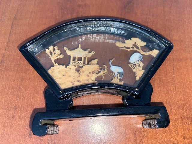 Vintage Chinese Cork Art Diorama Cranes Pagoda Trees Hand Carved in Glass Case