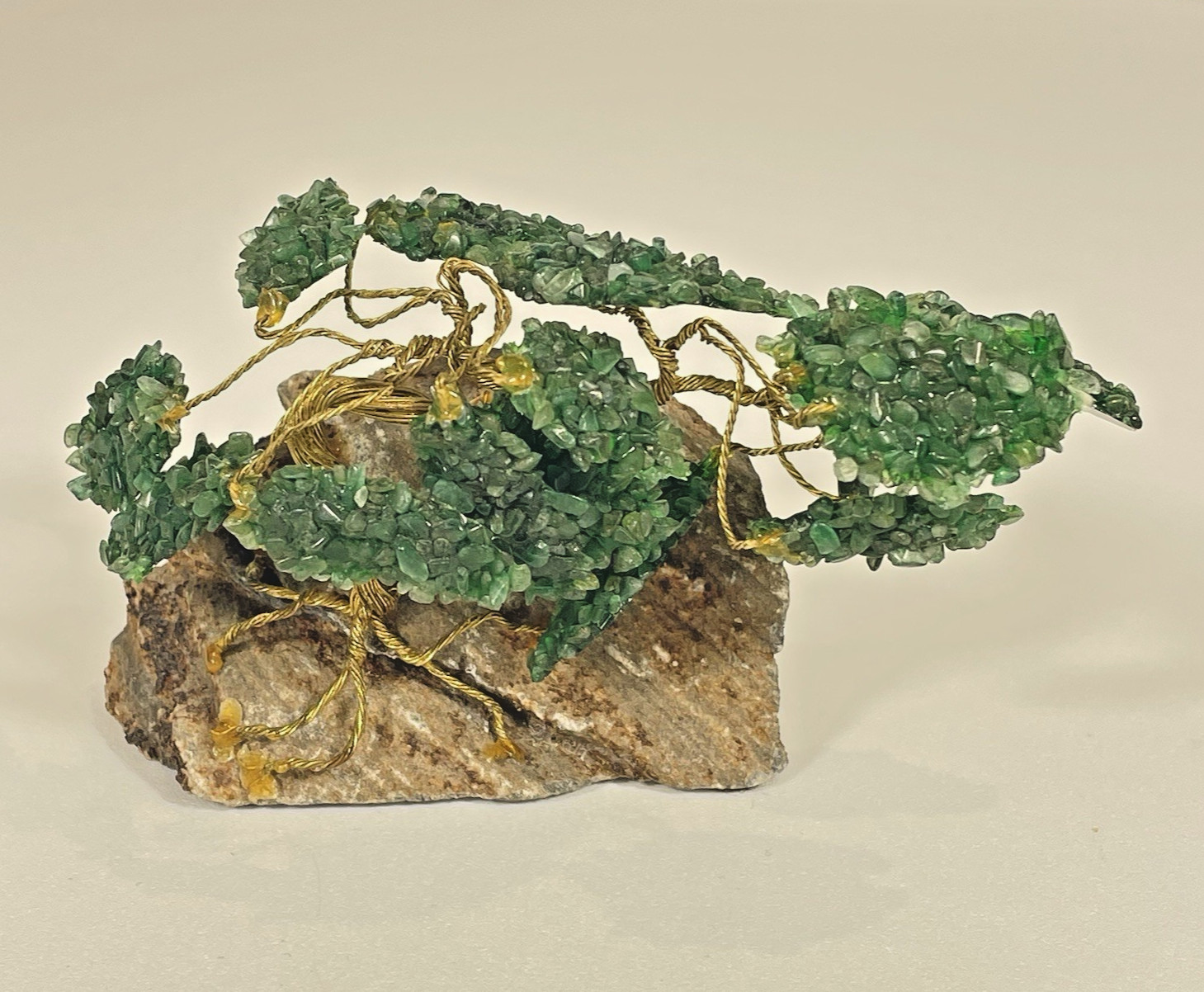 Vintage Green Crystal Bonsai Tree Sculpture Copper Wire on Natural Stone Base