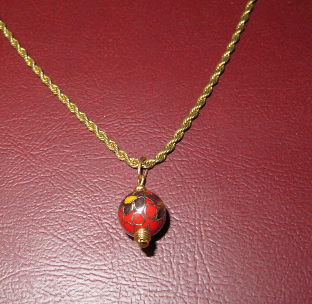 Vintage Asian Style Necklace w/ 17″ Braided Chain and Red Cloisonne Pendant