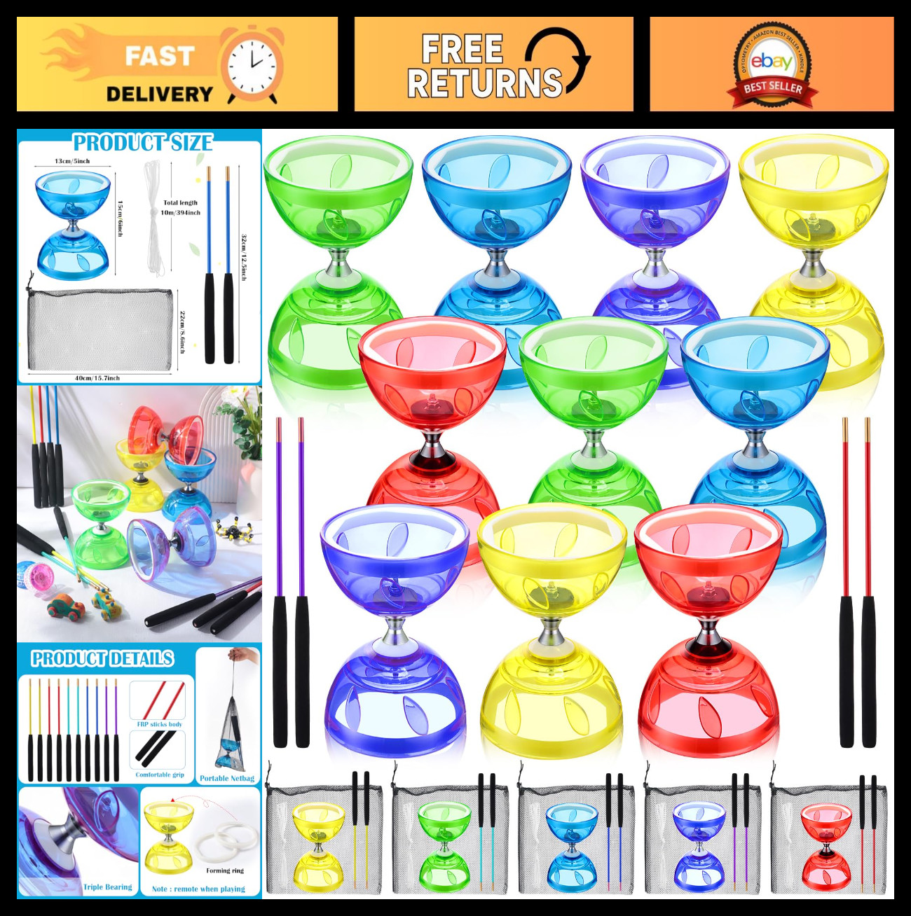 5 Set Chinese Diabolo Triple Bearing Yoyo 5” Multi-Color with Sticks & Bags