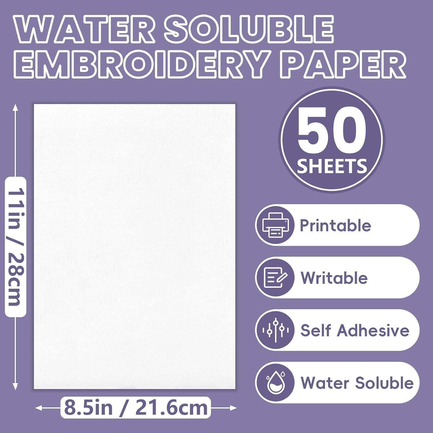 50 Sheets 8.5″ x 11″ Water Soluble Stabilizer for Embroidery, Stick and Stitc…