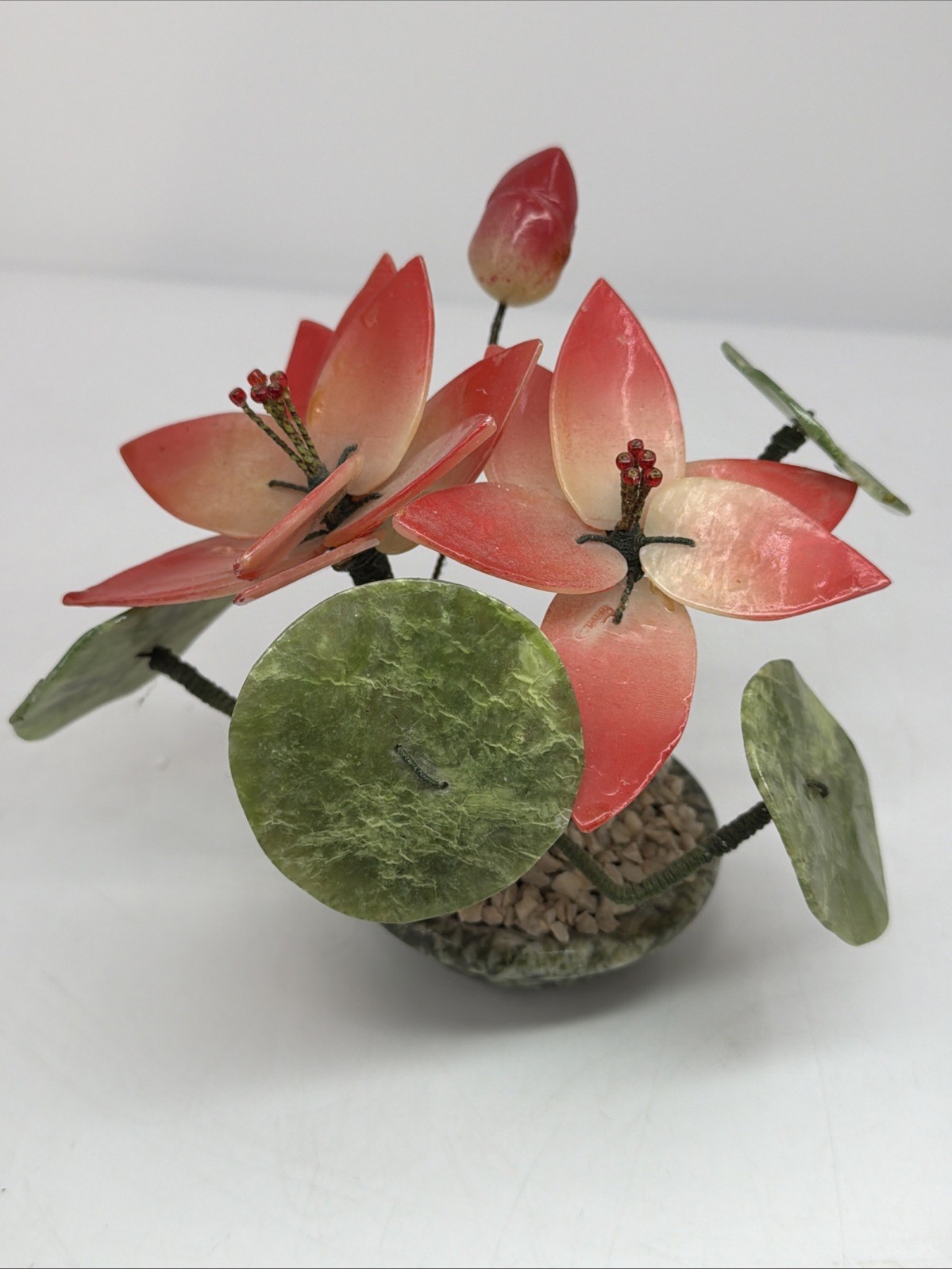 Vintage Asian Jade Stone Blossom Bonsai Tree, Small Approximately 6”x 7”