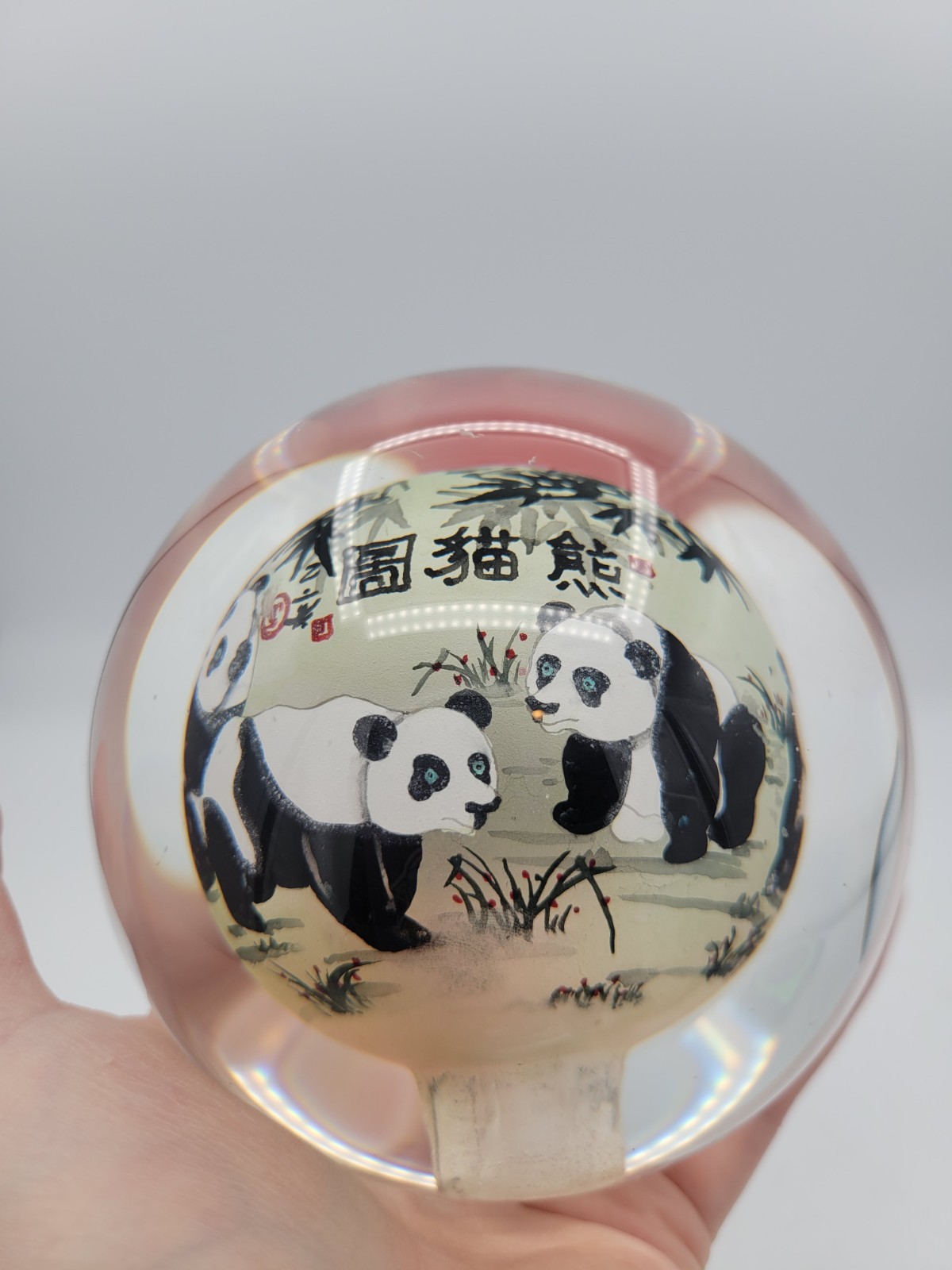 Chinese Art Glass Ball Sphere Paperweight Reverse Hand Painted Pandas NO Base