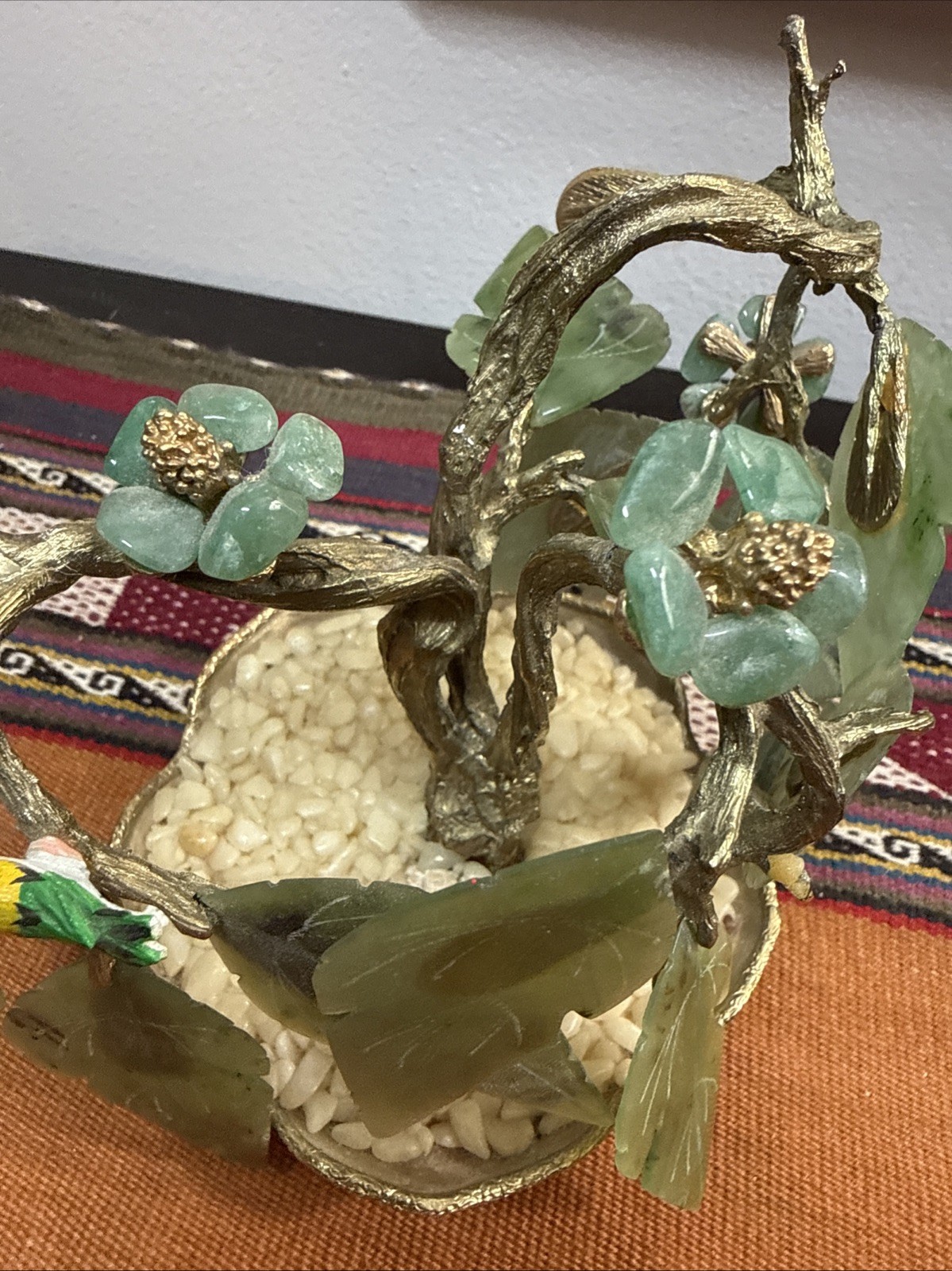 Vintage Glass Bonsai Jade Tree Intricate Multi Colored Flowers in Jade Base