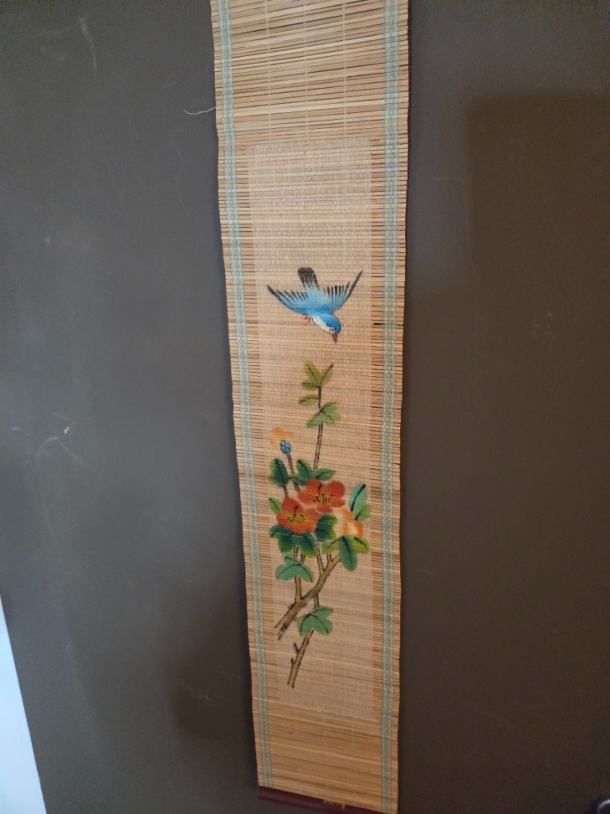 SET OF 3 VINTAGE CHINESE TAPESTRY HAND PAINTED ON BAMBOO BIRD WALL ESTATE FIND