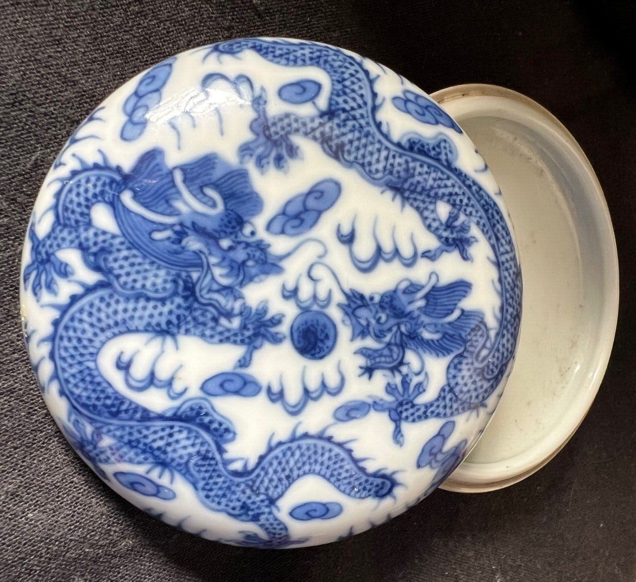 Chinese Blue & White Porcelain Seal Paste Box with Dragons & Pearl Qianlong Mark