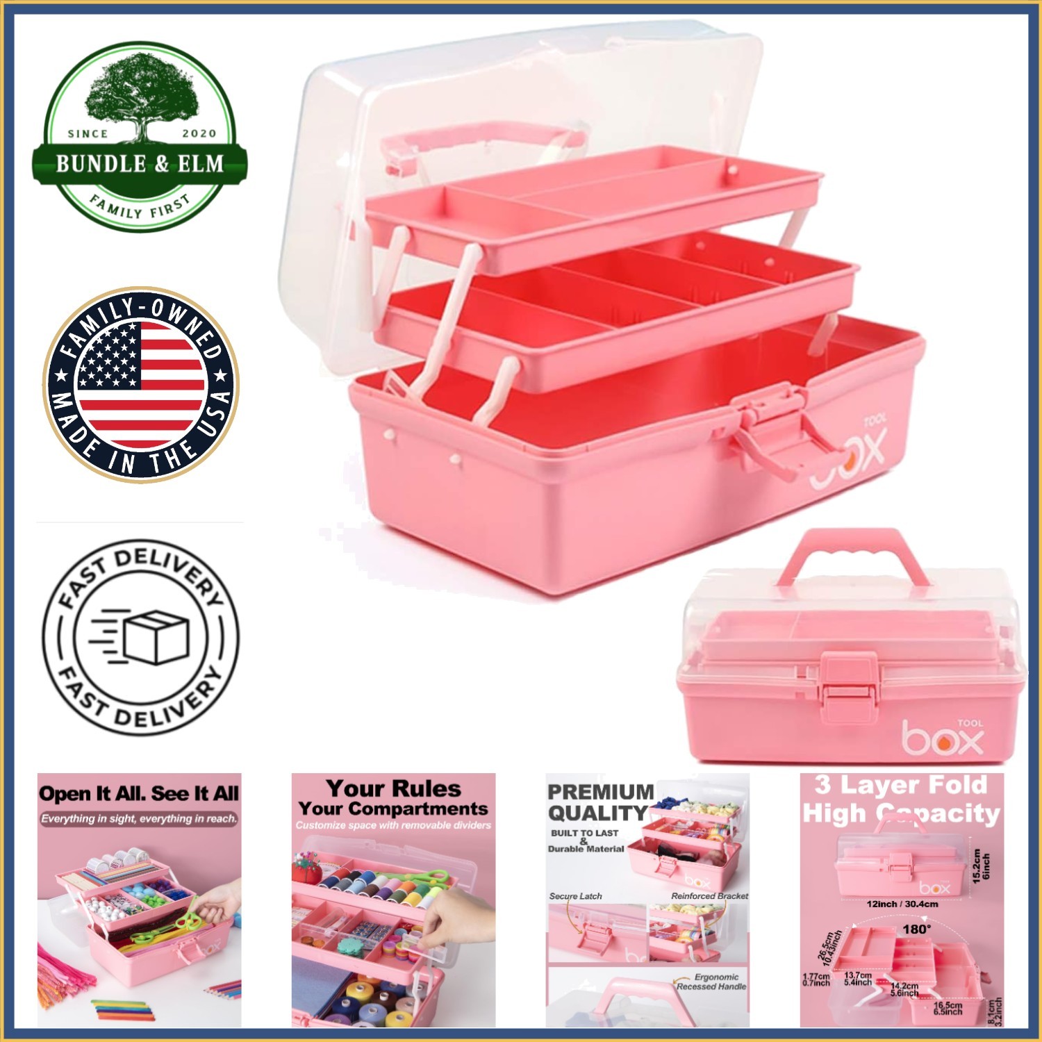 Durable Pink Craft Storage Case with Removable Compartments and Lockable Latch
