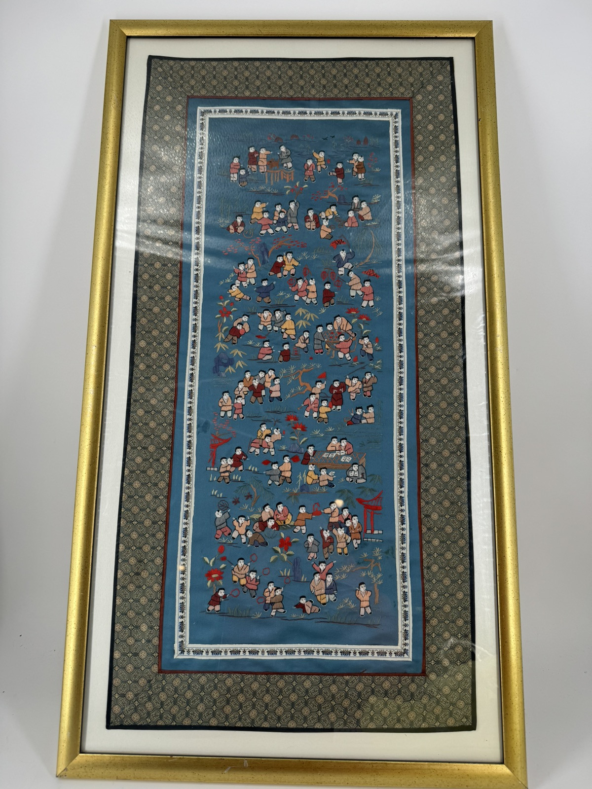 Chinese Silk Tapestry 100 Children At Play Embroidery Framed Art 16” x 29.5”
