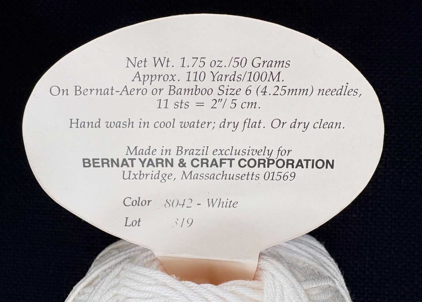 New Lot of 6 Bernat Carina Mercerized Cotton Yarn, #8042 White, 1.76 oz, Brazil