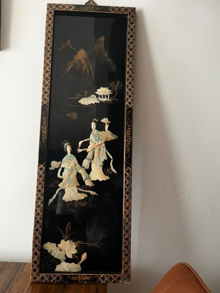 Vintage Asian Black Lacquer Mother of Pearl Wall Art – 12” X 36”